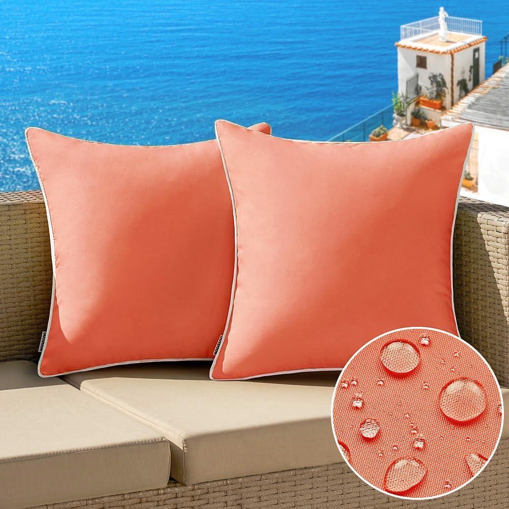 imageMIULEE Pack of 2 Outdoor Waterproof Pillow Covers Decorative Farmhouse Throw Pillow Covers Square Solid Color Couch Cushions Spring for Patio Tent Bed Sofa Living Room 18x18 Inch Teal BlueCoral Red