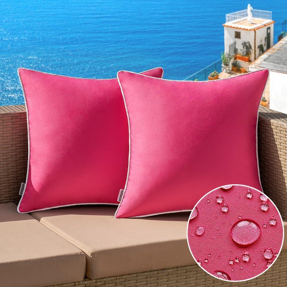 imageMIULEE Pack of 2 Outdoor Waterproof Pillow Covers Decorative Farmhouse Throw Pillow Covers Square Solid Color Couch Cushions Spring for Patio Tent Bed Sofa Living Room 18x18 Inch Teal BlueHot Pink
