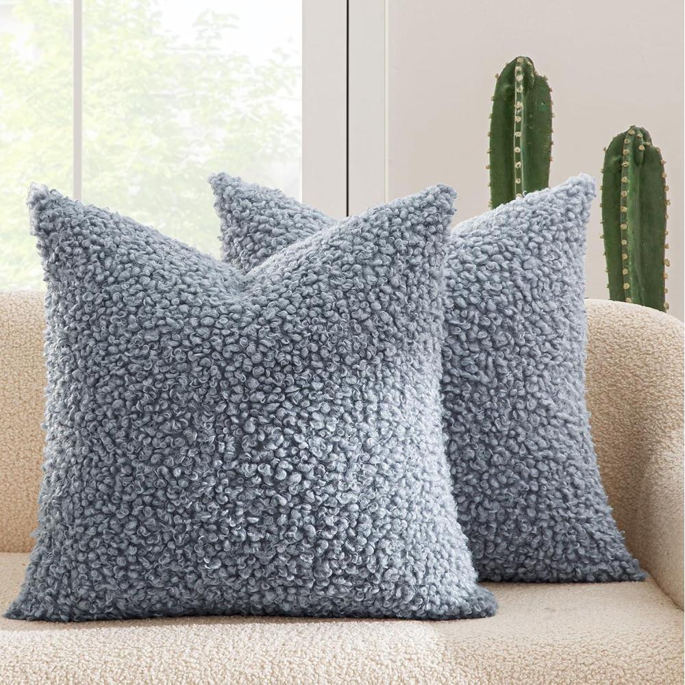 imageMIULEE Pack of 2 Throw Pillow Covers 18x18 Inch Neutral Khaki Faux Fur Decorative Sherpa Pillow Covers Fuzzy Accent Soft Sheepskin Fleece Cushion Cases for Boho Home Decor Couch Living Room BedDusty Blue