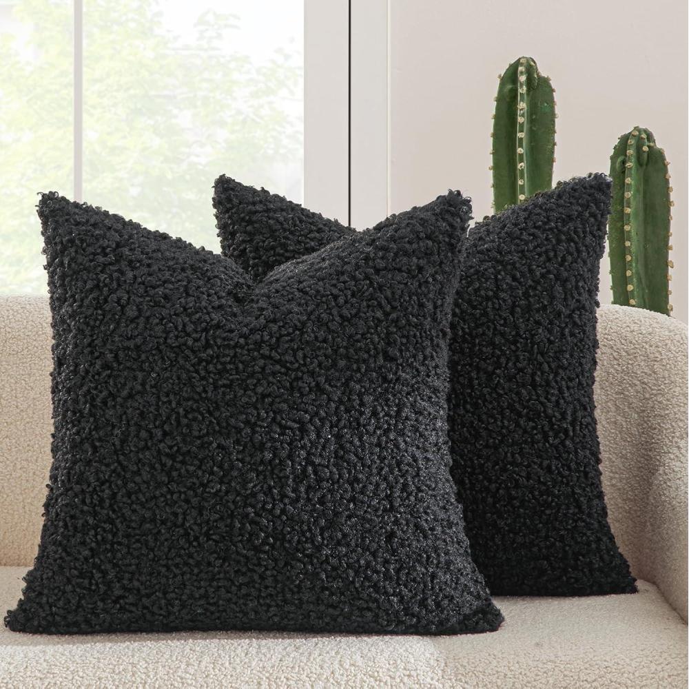 imageMIULEE Pack of 2 Throw Pillow Covers 18x18 Inch Neutral Khaki Faux Fur Decorative Sherpa Pillow Covers Fuzzy Accent Soft Sheepskin Fleece Cushion Cases for Boho Home Decor Couch Living Room BedBlack