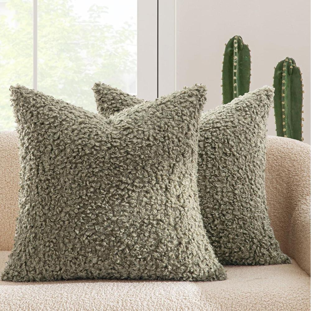 imageMIULEE Pack of 2 Throw Pillow Covers 18x18 Inch Neutral Khaki Faux Fur Decorative Sherpa Pillow Covers Fuzzy Accent Soft Sheepskin Fleece Cushion Cases for Boho Home Decor Couch Living Room BedSage Green