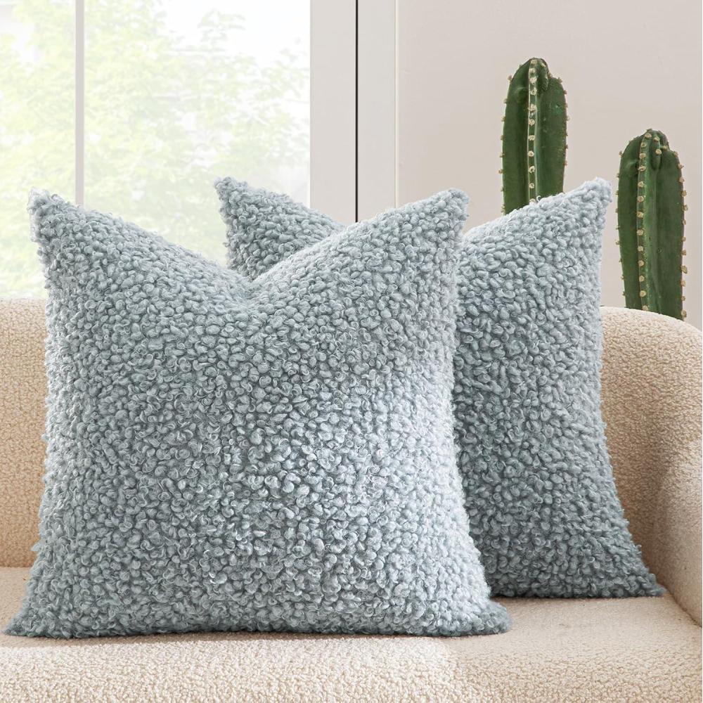 imageMIULEE Pack of 2 Throw Pillow Covers 18x18 Inch Neutral Khaki Faux Fur Decorative Sherpa Pillow Covers Fuzzy Accent Soft Sheepskin Fleece Cushion Cases for Boho Home Decor Couch Living Room BedLight Blue