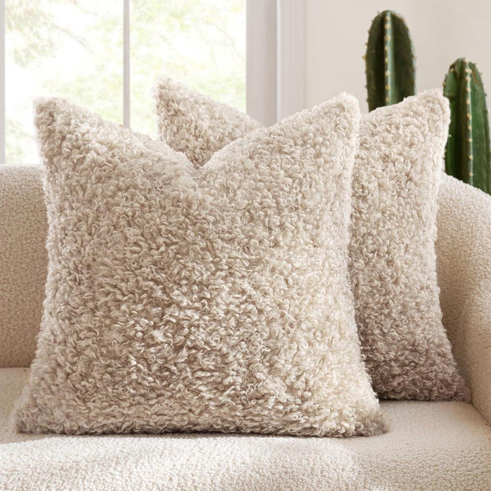 imageMIULEE Pack of 2 Throw Pillow Covers 18x18 Inch Neutral Khaki Faux Fur Decorative Sherpa Pillow Covers Fuzzy Accent Soft Sheepskin Fleece Cushion Cases for Boho Home Decor Couch Living Room BedNeutral Light Beige