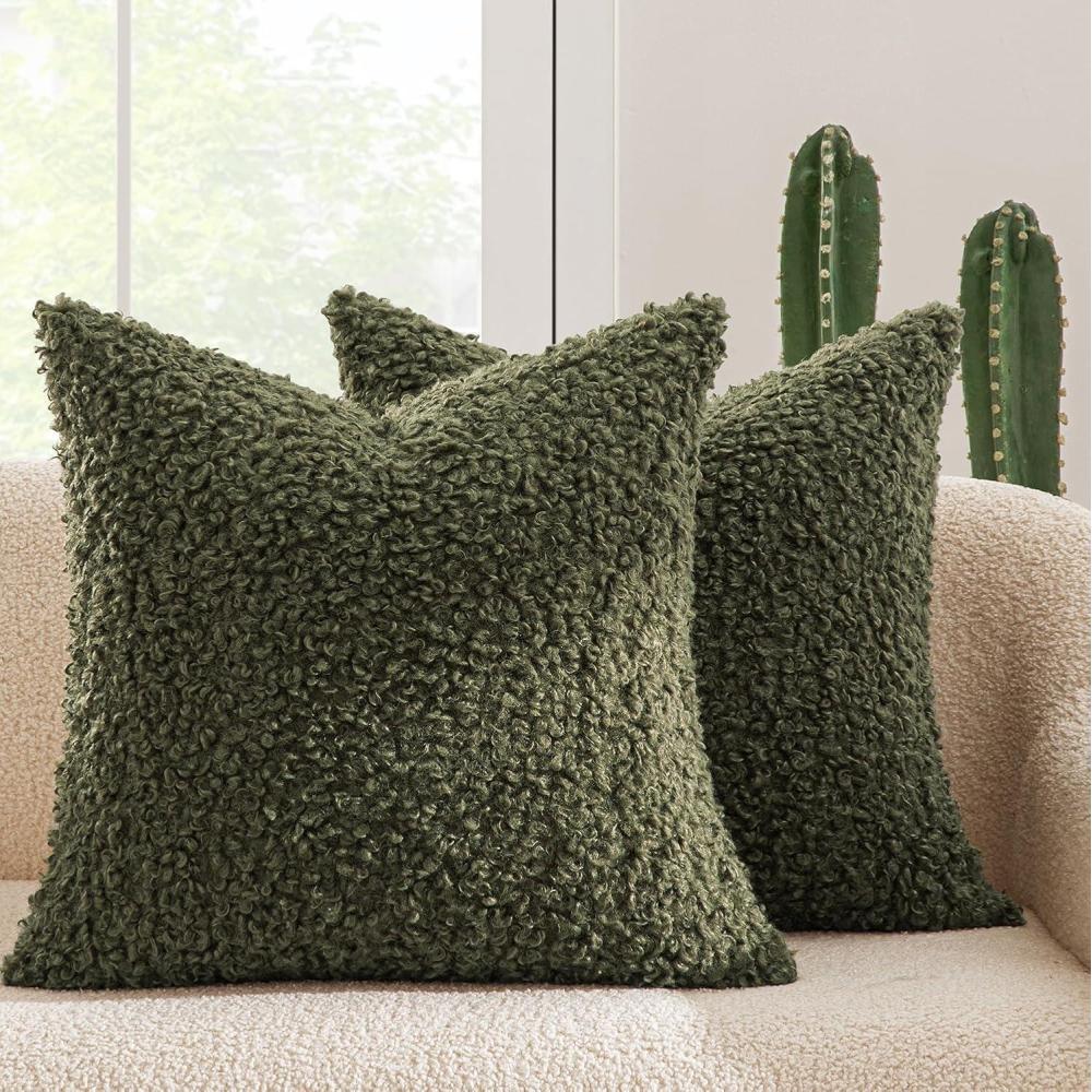 imageMIULEE Pack of 2 Throw Pillow Covers 18x18 Inch Neutral Khaki Faux Fur Decorative Sherpa Pillow Covers Fuzzy Accent Soft Sheepskin Fleece Cushion Cases for Boho Home Decor Couch Living Room BedOlive Green