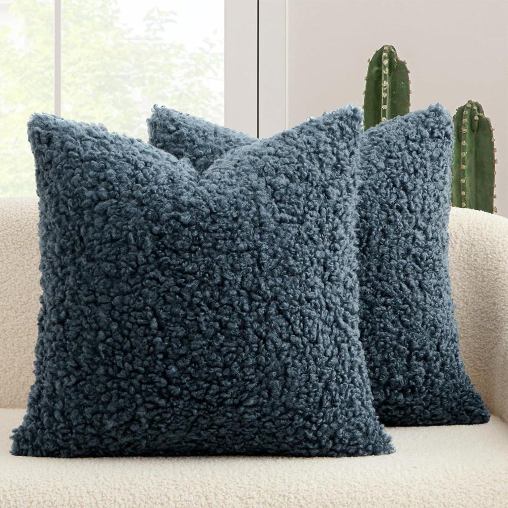 imageMIULEE Pack of 2 Throw Pillow Covers 18x18 Inch Neutral Khaki Faux Fur Decorative Sherpa Pillow Covers Fuzzy Accent Soft Sheepskin Fleece Cushion Cases for Boho Home Decor Couch Living Room BedNavy Blue