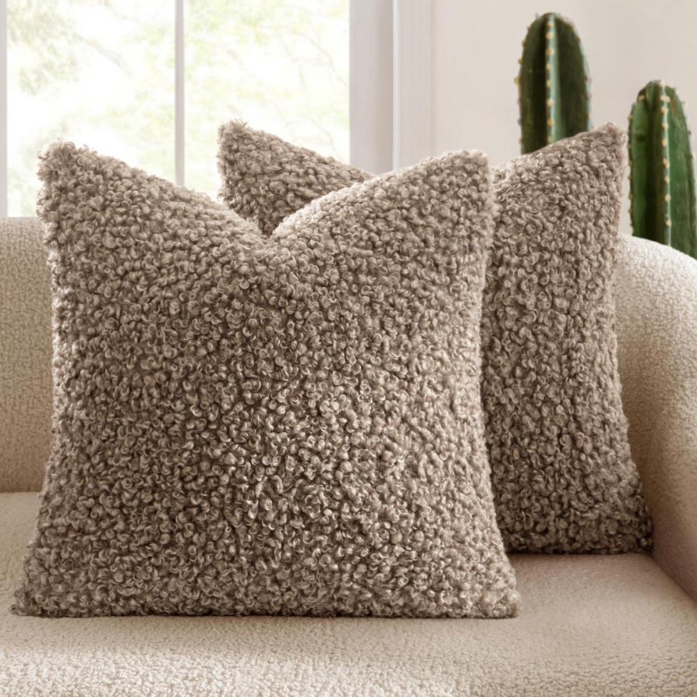imageMIULEE Pack of 2 Throw Pillow Covers 18x18 Inch Neutral Khaki Faux Fur Decorative Sherpa Pillow Covers Fuzzy Accent Soft Sheepskin Fleece Cushion Cases for Boho Home Decor Couch Living Room BedKhaki