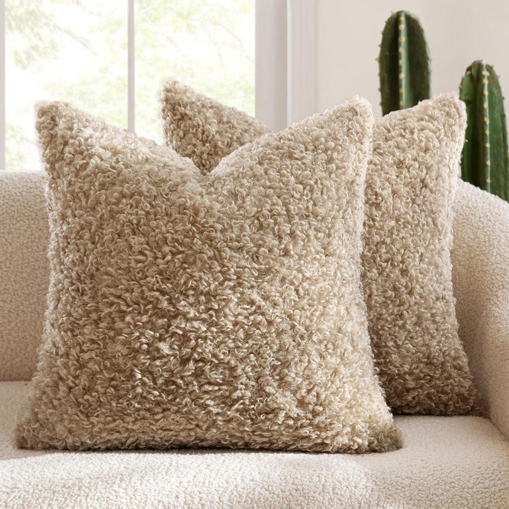 imageMIULEE Pack of 2 Throw Pillow Covers 18x18 Inch Neutral Khaki Faux Fur Decorative Sherpa Pillow Covers Fuzzy Accent Soft Sheepskin Fleece Cushion Cases for Boho Home Decor Couch Living Room BedNeutral Oatmeal