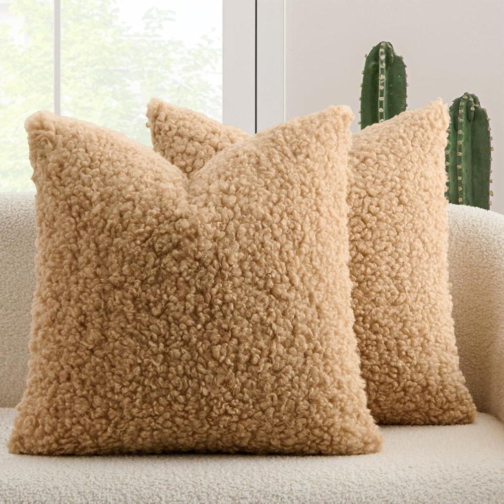 imageMIULEE Pack of 2 Throw Pillow Covers 18x18 Inch Neutral Khaki Faux Fur Decorative Sherpa Pillow Covers Fuzzy Accent Soft Sheepskin Fleece Cushion Cases for Boho Home Decor Couch Living Room BedCamel
