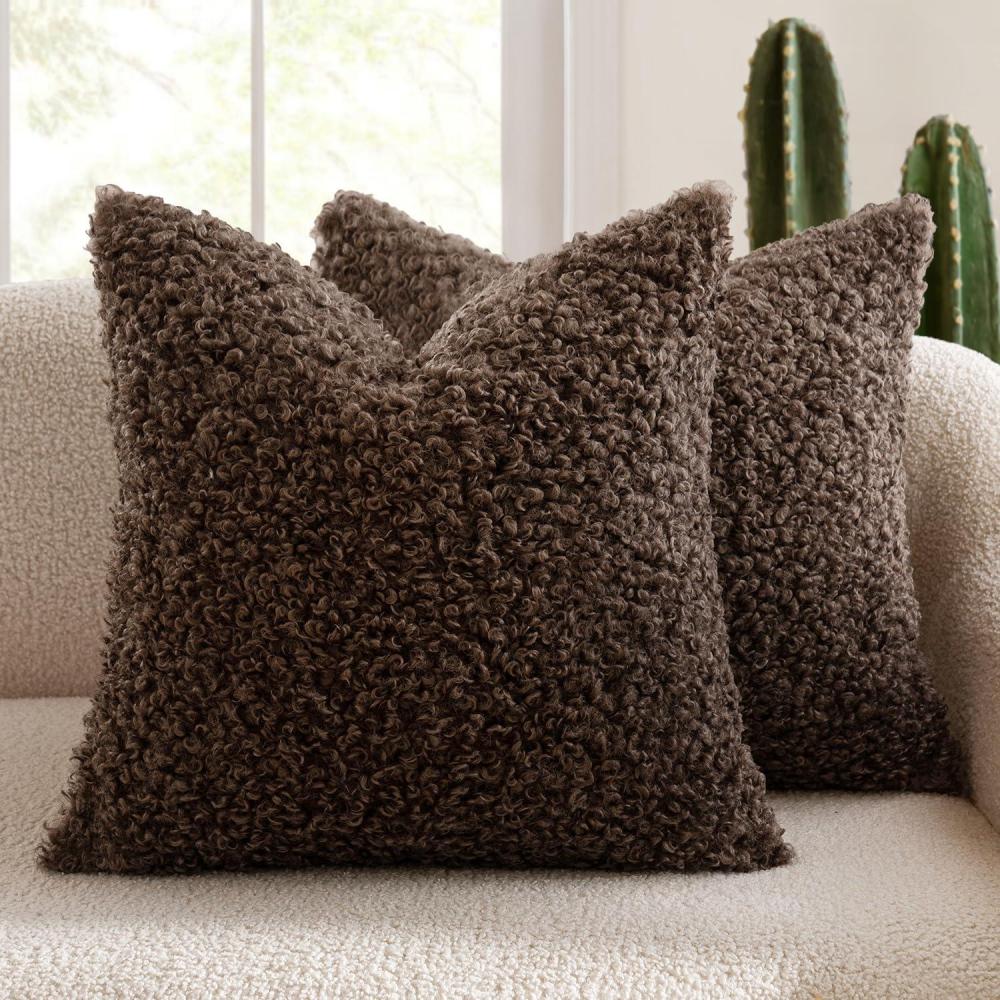 imageMIULEE Pack of 2 Throw Pillow Covers 18x18 Inch Neutral Khaki Faux Fur Decorative Sherpa Pillow Covers Fuzzy Accent Soft Sheepskin Fleece Cushion Cases for Boho Home Decor Couch Living Room BedChocolate