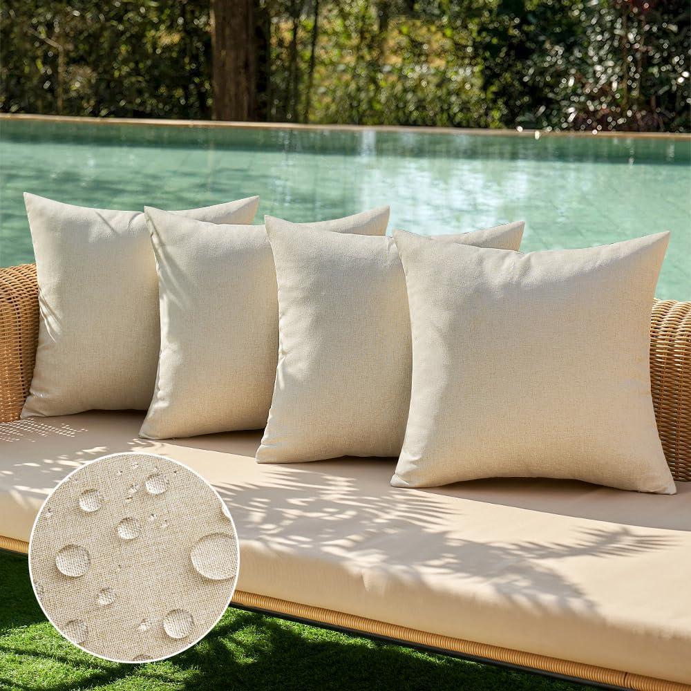 imageMIULEE Pack of 4 Decorative Outdoor Throw Pillow Covers Linen Waterproof Pillow Covers Farmhouse Cushion Cases for Patio Garden Tent Balcony Couch Sofa 18x18 inch BeigeBeige