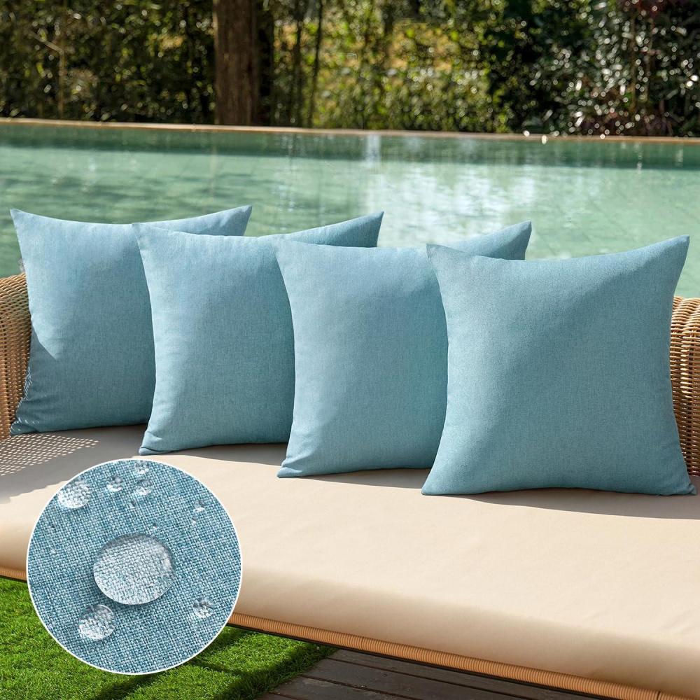imageMIULEE Pack of 4 Decorative Outdoor Throw Pillow Covers Linen Waterproof Pillow Covers Farmhouse Cushion Cases for Patio Garden Tent Balcony Couch Sofa 18x18 inch BeigeBlue Gray