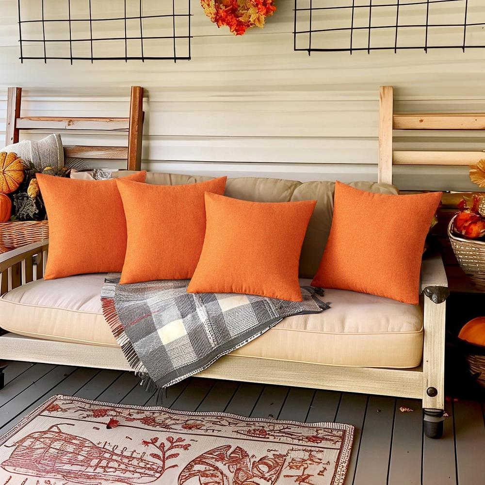 imageMIULEE Pack of 4 Decorative Outdoor Throw Pillow Covers Linen Waterproof Pillow Covers Farmhouse Cushion Cases for Patio Garden Tent Balcony Couch Sofa 18x18 inch BeigeBright Orange