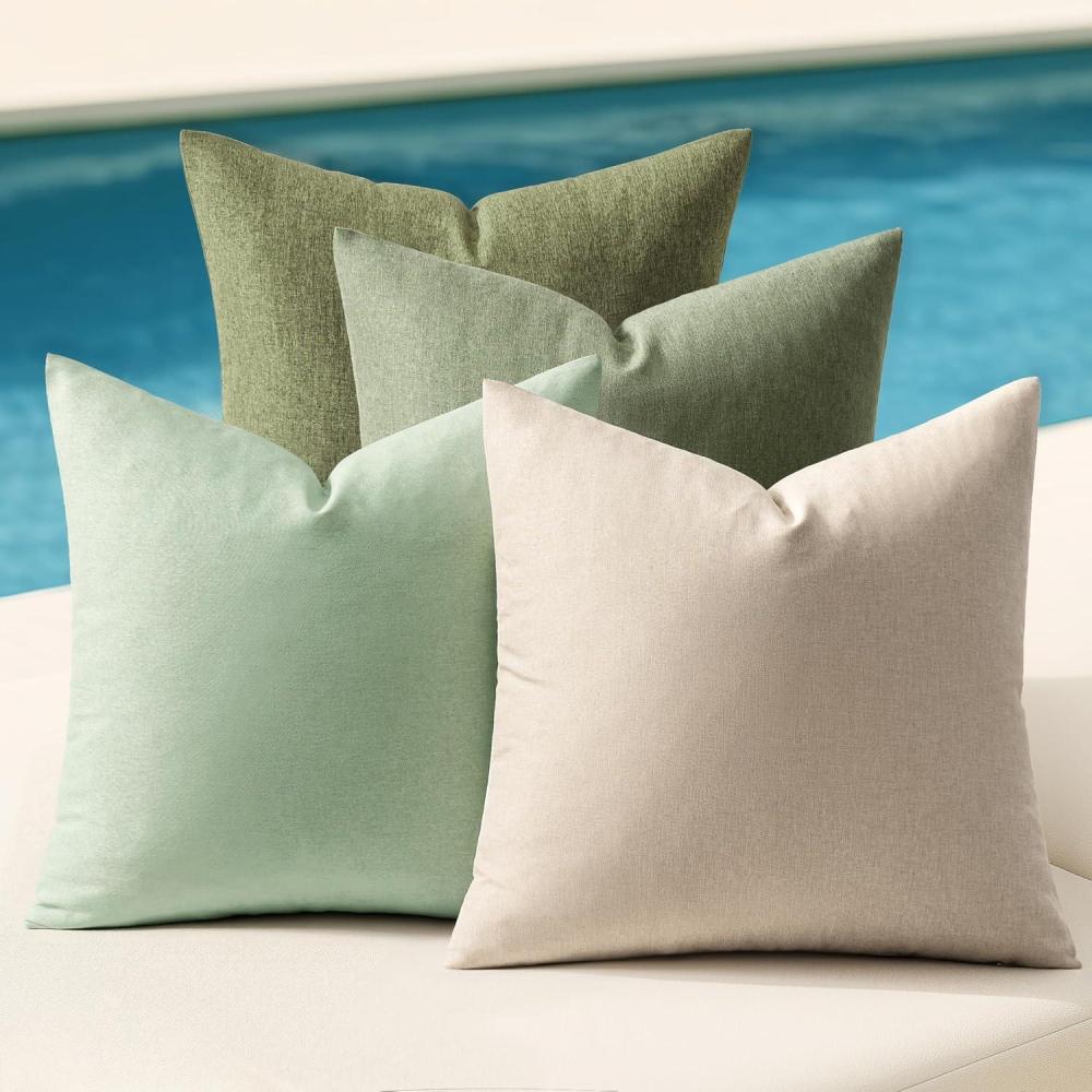 imageMIULEE Pack of 4 Decorative Outdoor Throw Pillow Covers Linen Waterproof Pillow Covers Farmhouse Cushion Cases for Patio Garden Tent Balcony Couch Sofa 18x18 inch BeigeLight Green