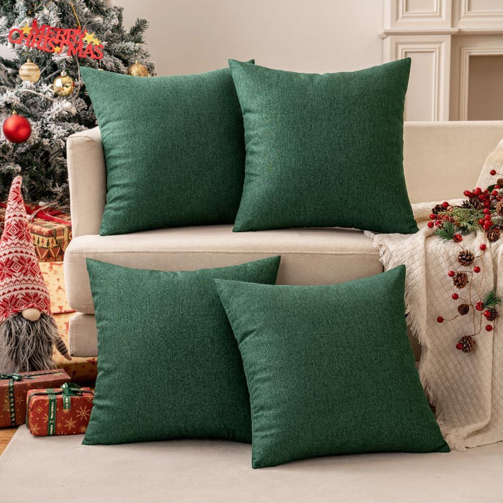 imageMIULEE Pack of 4 Decorative Outdoor Throw Pillow Covers Linen Waterproof Pillow Covers Farmhouse Cushion Cases for Patio Garden Tent Balcony Couch Sofa 18x18 inch BeigeDark Green