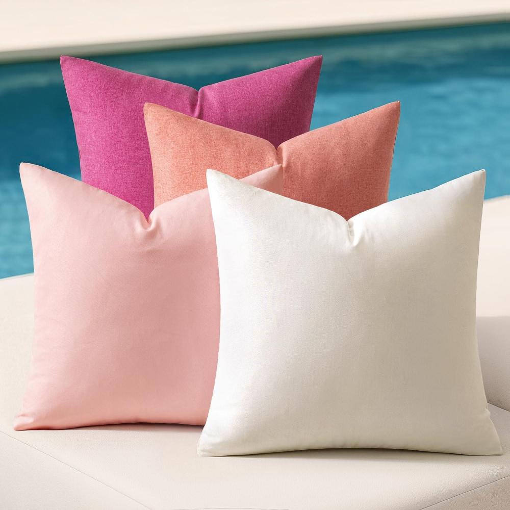 imageMIULEE Pack of 4 Decorative Outdoor Throw Pillow Covers Linen Waterproof Pillow Covers Farmhouse Cushion Cases for Patio Garden Tent Balcony Couch Sofa 18x18 inch BeigePink