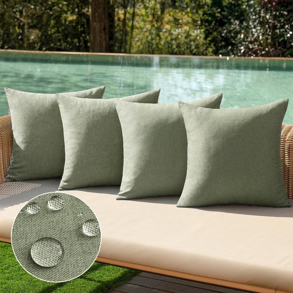 imageMIULEE Pack of 4 Decorative Outdoor Throw Pillow Covers Linen Waterproof Pillow Covers Farmhouse Cushion Cases for Patio Garden Tent Balcony Couch Sofa 18x18 inch BeigeGray Green