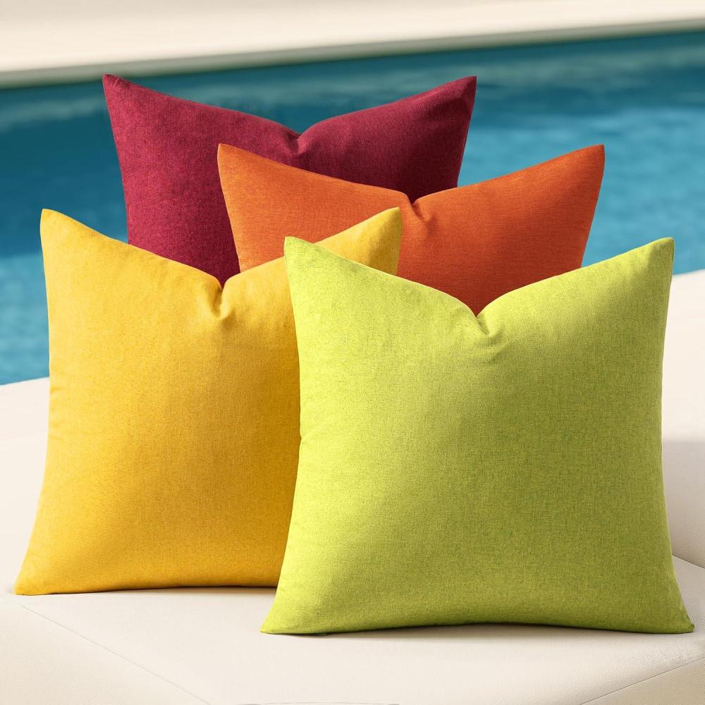 imageMIULEE Pack of 4 Decorative Outdoor Throw Pillow Covers Linen Waterproof Pillow Covers Farmhouse Cushion Cases for Patio Garden Tent Balcony Couch Sofa 18x18 inch BeigeYellow Green