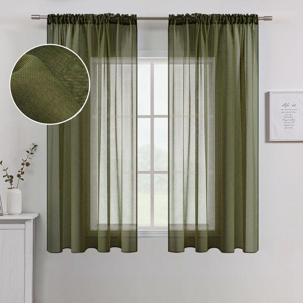 imageMIULEE Terracotta Linen Textured Sheer Curtains 2 Panels for BedroomLiving Room Semi Transparent Voile Rust Boho Farmhouse Fall Decor Window Drapes Rod Pocket W 54 x L 90 Inches LongOlive Green
