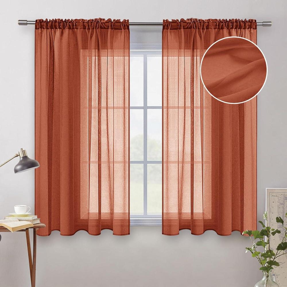 imageMIULEE Terracotta Linen Textured Sheer Curtains 2 Panels for BedroomLiving Room Semi Transparent Voile Rust Boho Farmhouse Fall Decor Window Drapes Rod Pocket W 54 x L 90 Inches LongTerracotta