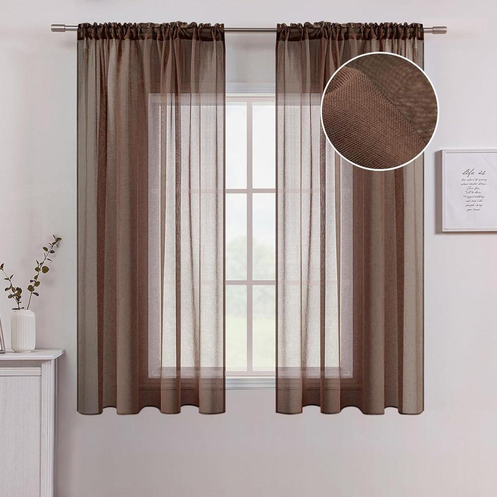 imageMIULEE Terracotta Linen Textured Sheer Curtains 2 Panels for BedroomLiving Room Semi Transparent Voile Rust Boho Farmhouse Fall Decor Window Drapes Rod Pocket W 54 x L 90 Inches LongChocolate Brown