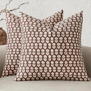 MIULEE Block Print Pillow Covers 18×18 Inch Set of 2, Vintage Floral Throw Pillow Cases Neutral Linen Farmhouse Cushion Covers for Couch Sofa Bed Chair Living Room, Dusty Blue(Brown)