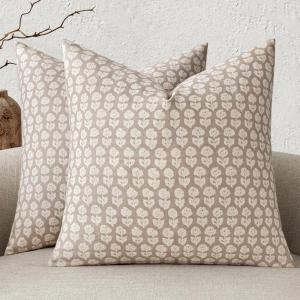 MIULEE Block Print Pillow Covers 18×18 Inch Set of 2, Vintage Floral Throw Pillow Cases Neutral Linen Farmhouse Cushion Covers for Couch Sofa Bed Chair Living Room, Dusty Blue(Cream Oatmea)