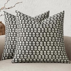 MIULEE Block Print Pillow Covers 18×18 Inch Set of 2, Vintage Floral Throw Pillow Cases Neutral Linen Farmhouse Cushion Covers for Couch Sofa Bed Chair Living Room, Dusty Blue(Black)