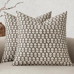 MIULEE Block Print Pillow Covers 18×18 Inch Set of 2, Vintage Floral Throw Pillow Cases Neutral Linen Farmhouse Cushion Covers for Couch Sofa Bed Chair Living Room, Dusty Blue(Light Taupe)