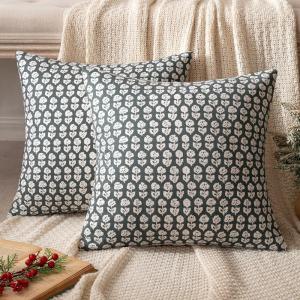 MIULEE Block Print Pillow Covers 18×18 Inch Set of 2, Vintage Floral Throw Pillow Cases Neutral Linen Farmhouse Cushion Covers for Couch Sofa Bed Chair Living Room, Dusty Blue(Army Green)