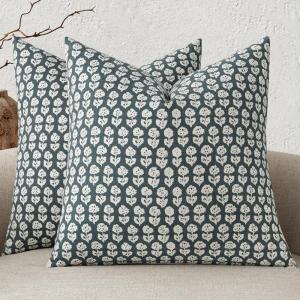 MIULEE Block Print Pillow Covers 18×18 Inch Set of 2, Vintage Floral Throw Pillow Cases Neutral Linen Farmhouse Cushion Covers for Couch Sofa Bed Chair Living Room, Dusty Blue(Dusty Blue)