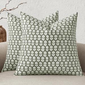 MIULEE Block Print Pillow Covers 18×18 Inch Set of 2, Vintage Floral Throw Pillow Cases Neutral Linen Farmhouse Cushion Covers for Couch Sofa Bed Chair Living Room, Dusty Blue(Sage Green)