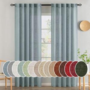 MIULEE Chocolate Brown Linen Curtains 90 Inch Long for Bedroom Living Room, Soft Thick Linen Textured Window Drapes Semi Sheer Light Filtering Back Tab Rod Pocket Burlap Look Decor, 2 Panels(Stone Blue)