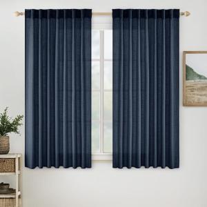 MIULEE Chocolate Brown Linen Curtains 90 Inch Long for Bedroom Living Room, Soft Thick Linen Textured Window Drapes Semi Sheer Light Filtering Back Tab Rod Pocket Burlap Look Decor, 2 Panels(Navy Blue)