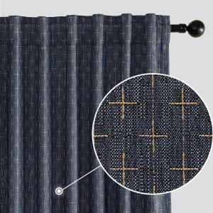 MIULEE Decorative Back Tab Linen Curtains with Geometric Pattern for Living Room Bedroom Farmhouse Rustic Thick Woven Textured Patterned Mudcloth Drapes 84 Inches Long 2 Panels Set, Olive Green(Blue)