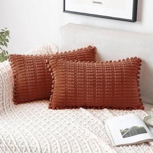 MIULEE Fall Rust Corduroy Decorative Spring Throw Pillow Covers Pack of 2 Pom-pom Soft Boho Striped Pillow Covers Modern Farmhouse Home Decor for Sofa Living Room Couch Bed 12×20 Inch(Rust)
