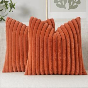 MIULEE Faux Fur Decorative Throw Pillow Covers 18×18 Inch Set of 2, Coastal Modern Art Spring Home Decor Soft Plush Couch Pillows Cozy Fluffy Cushion Covers for Sofa Bed Grey Blue(Burnt Orange)