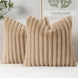 MIULEE Faux Fur Decorative Throw Pillow Covers 18×18 Inch Set of 2, Coastal Modern Art Spring Home Decor Soft Plush Couch Pillows Cozy Fluffy Cushion Covers for Sofa Bed Grey Blue(Khaki)