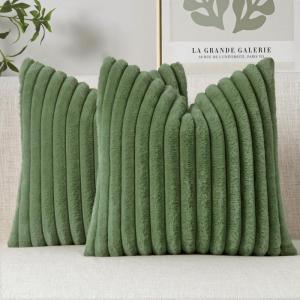 MIULEE Faux Fur Decorative Throw Pillow Covers 18×18 Inch Set of 2, Coastal Modern Art Spring Home Decor Soft Plush Couch Pillows Cozy Fluffy Cushion Covers for Sofa Bed Grey Blue(Moss Green)