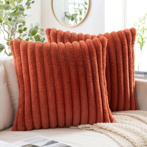 MIULEE Faux Fur Decorative Throw Pillow Covers 18×18 Inch Set of 2, Coastal Modern Art Spring Home Decor Soft Plush Couch Pillows Cozy Fluffy Cushion Covers for Sofa Bed Grey Blue(Rust)