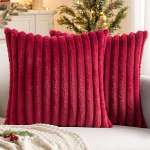 MIULEE Faux Fur Decorative Throw Pillow Covers 18×18 Inch Set of 2, Coastal Modern Art Spring Home Decor Soft Plush Couch Pillows Cozy Fluffy Cushion Covers for Sofa Bed Grey Blue(Burgundy)