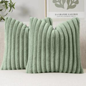 MIULEE Faux Fur Decorative Throw Pillow Covers 18×18 Inch Set of 2, Coastal Modern Art Spring Home Decor Soft Plush Couch Pillows Cozy Fluffy Cushion Covers for Sofa Bed Grey Blue(Sage Green)
