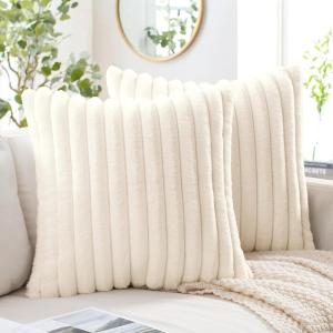 MIULEE Faux Fur Decorative Throw Pillow Covers 18×18 Inch Set of 2, Coastal Modern Art Spring Home Decor Soft Plush Couch Pillows Cozy Fluffy Cushion Covers for Sofa Bed Grey Blue(Cream)