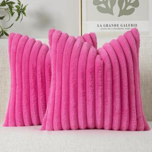 MIULEE Faux Fur Decorative Throw Pillow Covers 18×18 Inch Set of 2, Coastal Modern Art Spring Home Decor Soft Plush Couch Pillows Cozy Fluffy Cushion Covers for Sofa Bed Grey Blue(Hot Pink)