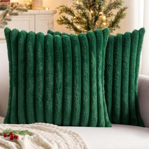 MIULEE Faux Fur Decorative Throw Pillow Covers 18×18 Inch Set of 2, Coastal Modern Art Spring Home Decor Soft Plush Couch Pillows Cozy Fluffy Cushion Covers for Sofa Bed Grey Blue(Dark Green)