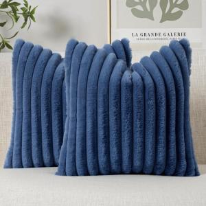 MIULEE Faux Fur Decorative Throw Pillow Covers 18×18 Inch Set of 2, Coastal Modern Art Spring Home Decor Soft Plush Couch Pillows Cozy Fluffy Cushion Covers for Sofa Bed Grey Blue(Navy Blue)
