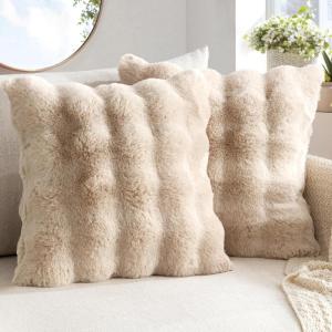 MIULEE Faux Fur Pillow Covers Thick Soft Plush Christmas Throw Pillows Luxury Spring Home Decor for Winter Holiday Couch Bedroom Living Room Sofa,18×18 Inch Pack of 2 White(Khaki)