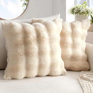 MIULEE Faux Fur Pillow Covers Thick Soft Plush Christmas Throw Pillows Luxury Spring Home Decor for Winter Holiday Couch Bedroom Living Room Sofa,18×18 Inch Pack of 2 White(Beige)