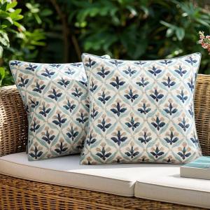 MIULEE Floral Decorative Pillow Covers Set of 2,Block Print Throw Pillowcases Outdoor Boho Farmhouse Vintage Summer Accent Cushion Covers for Couch paito Garden Sofa Bed 18×18 Inch, Yellow-Blue(Blue Grey)