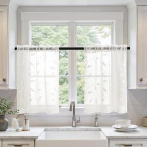 MIULEE Ivory Sheer Curtains 2 Panels Embroidered Leaf Patterned Rod Pocket Floral Semi Sheer Faux Linen Short Window Curtains Drapes Set for Kitchen Bathroom Cafe, 30×30 Inches Length(Ivory)