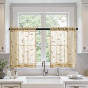 MIULEE Ivory Sheer Curtains 2 Panels Embroidered Leaf Patterned Rod Pocket Floral Semi Sheer Faux Linen Short Window Curtains Drapes Set for Kitchen Bathroom Cafe, 30×30 Inches Length(Beige)